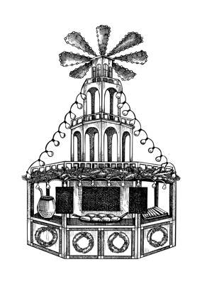 Christmas market stall kiosk sketch. Hand-drawn vector illustration. Traditional winter Christmas fair marketplace. Wooden booth candy shop with fast food, garlands decoration, Christmas wreaths.